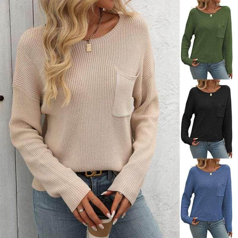 Women’s Round Neck Pocket Sweater – Long Sleeve - ZA-Zola