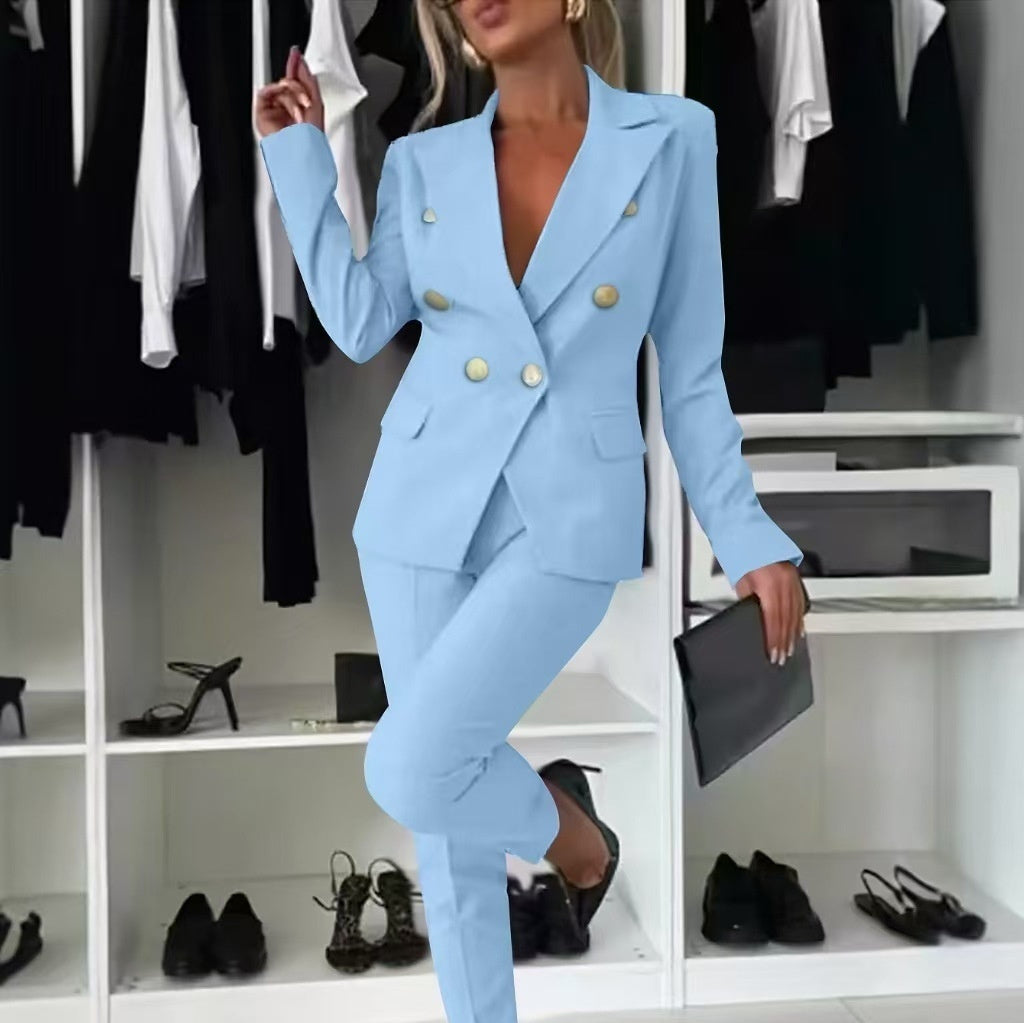 Person wearing a light blue suit in a room with clothing and shoes.