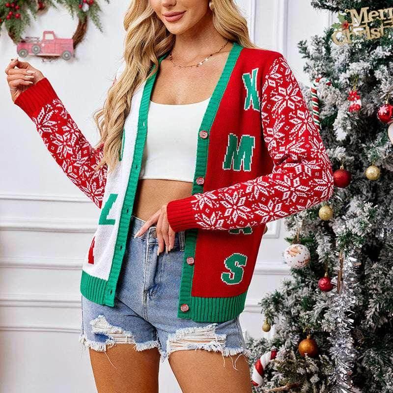 Christmas Red V-Neck Cardigan – Festive & Cozy Knit - ZA-Zola