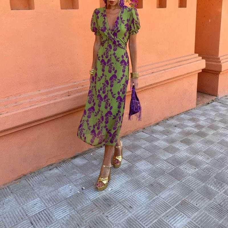 Slim Floral V-Neck Summer Beach Dress for Women - ZA-Zola