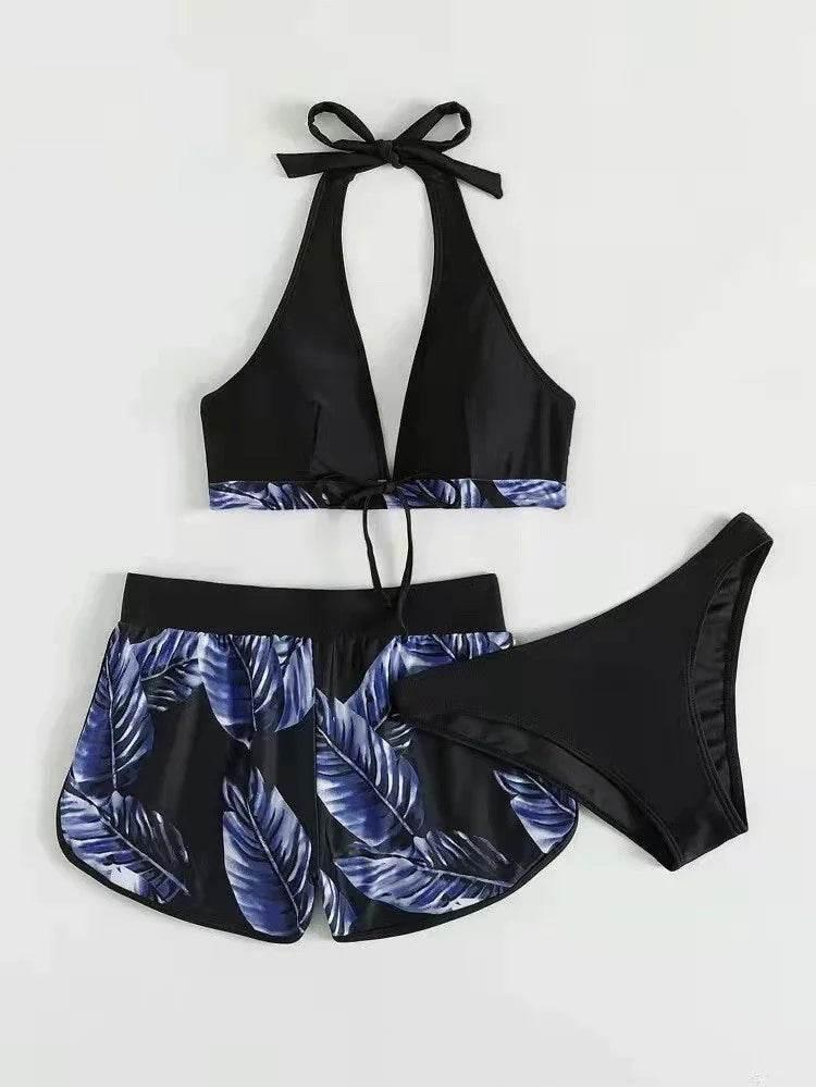 3pcs Leaf Print Bikini with Shorts - Stylish Summer Swimwear - ZA-Zola