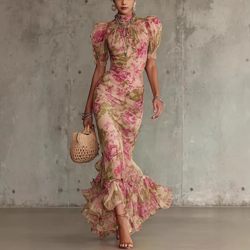 Woman wearing a floral dress holding a woven bag against a textured wall.