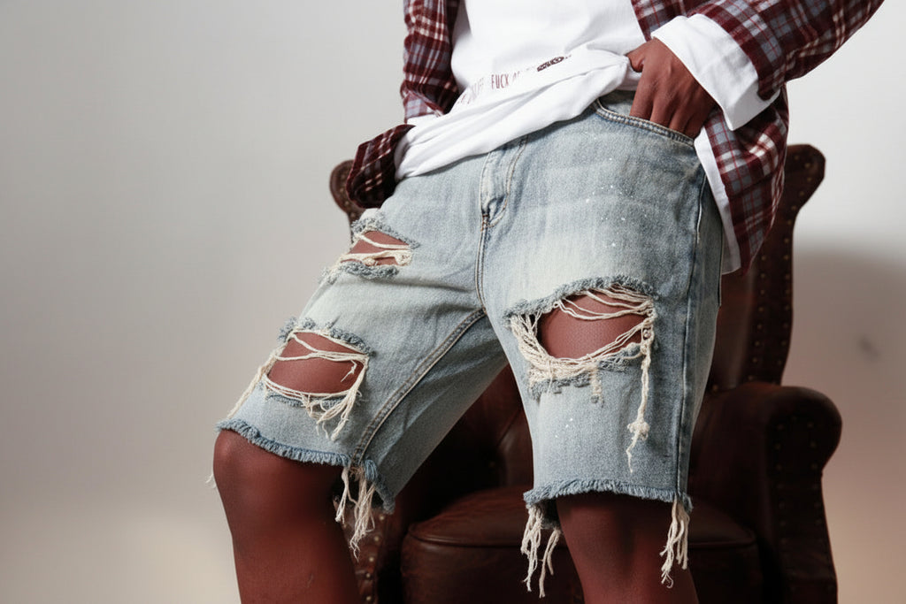 Person wearing ripped denim shorts sitting on a chair with a neutral background