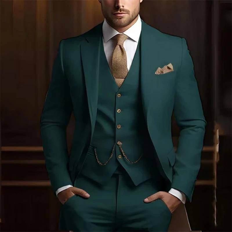 Man wearing a green suit with a brown tie and pocket square against a dark background