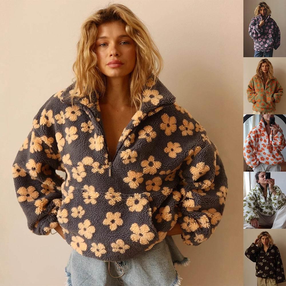 Winter Flowers Lambskin Sweatshirt – Cozy Zip-Up Pullover - ZA-Zola