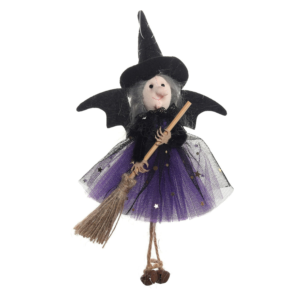 A decorative witch doll with a black pointed hat, bat-like wings, a purple tulle dress with star details, and a straw broom, shown on a plain white background.