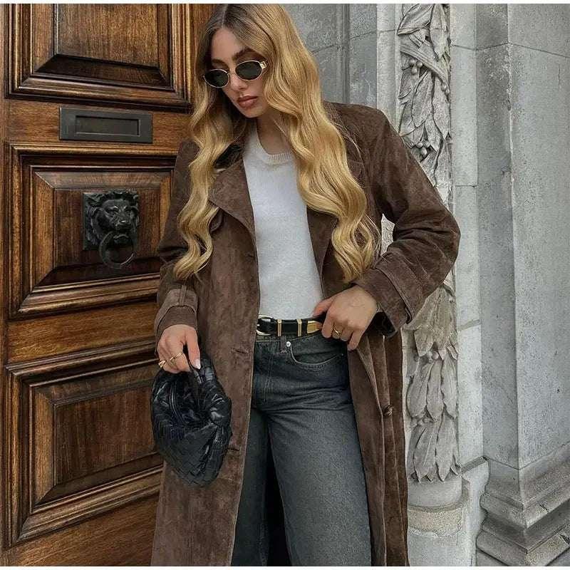 Double Breasted Suede Coat Women – Vintage Belted Long Winter Coat - ZA-Zola