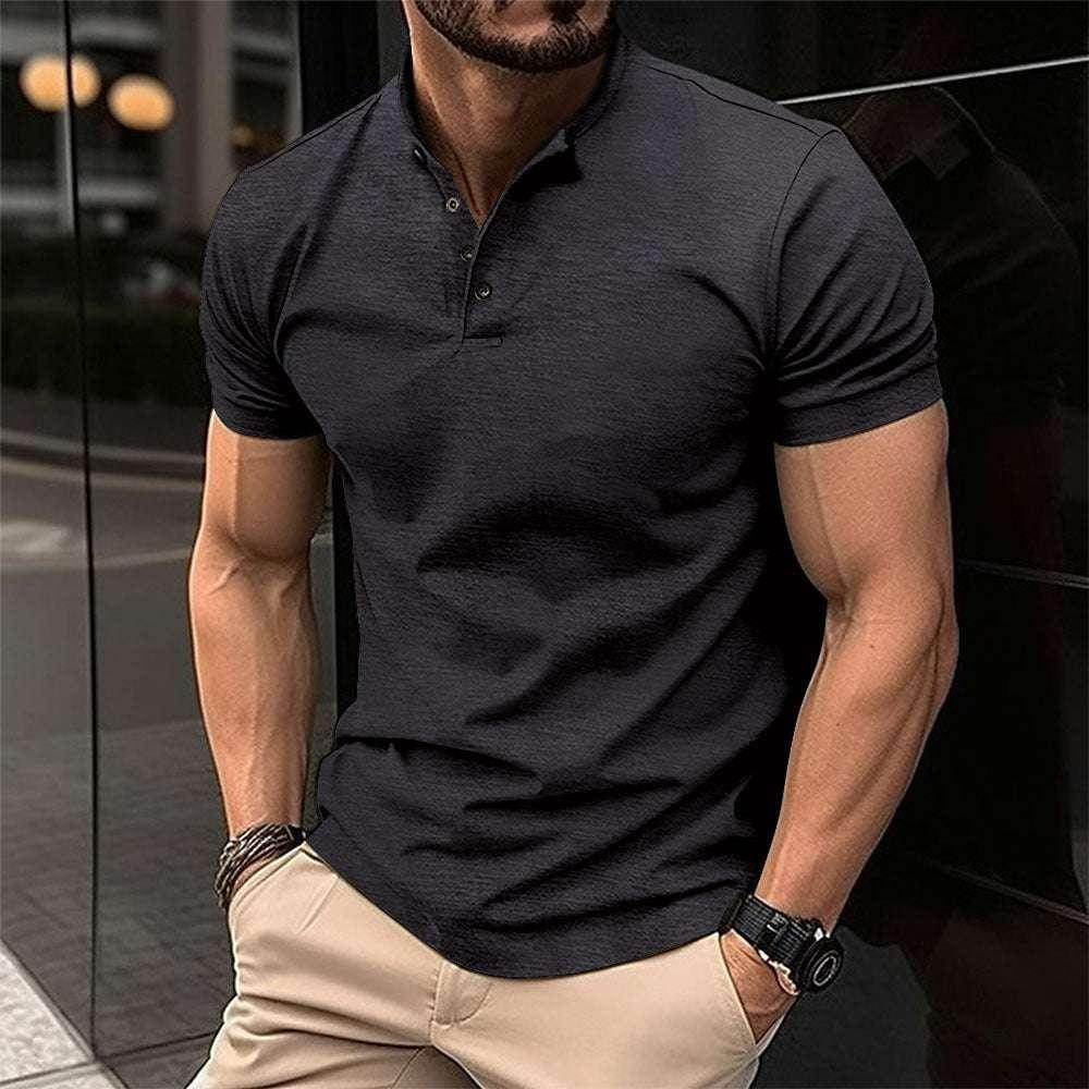 ZA-Zola men's black short sleeve polo shirt paired with beige pants, modern city background