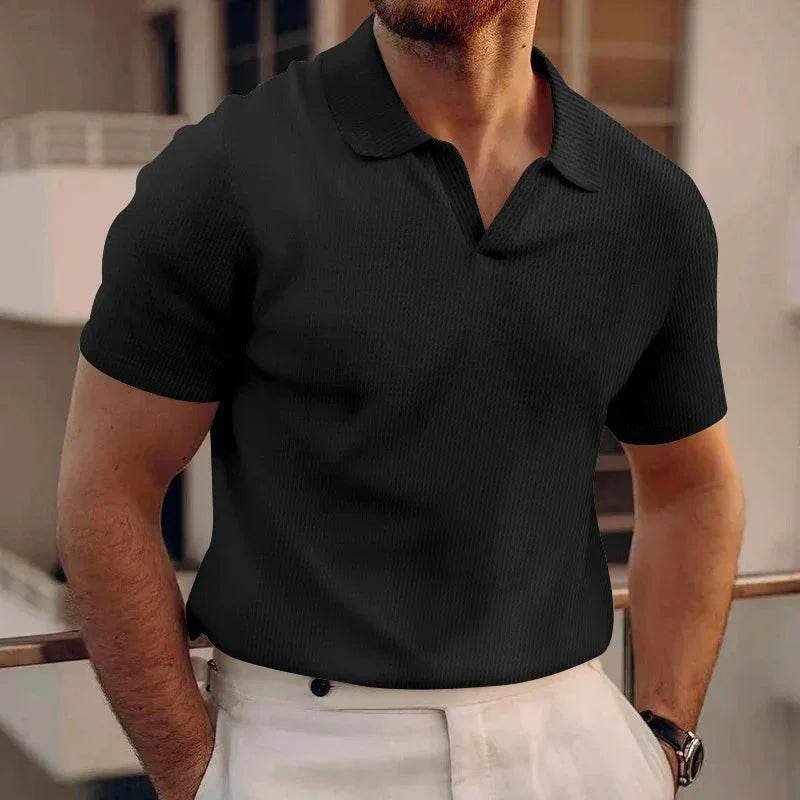 ZA-Zola men’s black short sleeve polo shirt paired with white trousers, modern look
