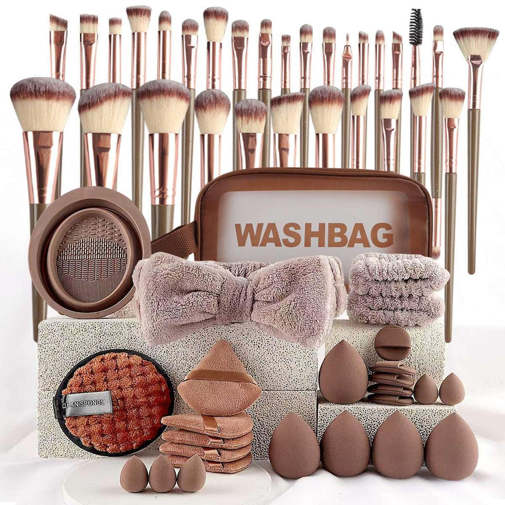 Makeup brush set with sponges, fluffy headband, washbag, and beauty accessories.
