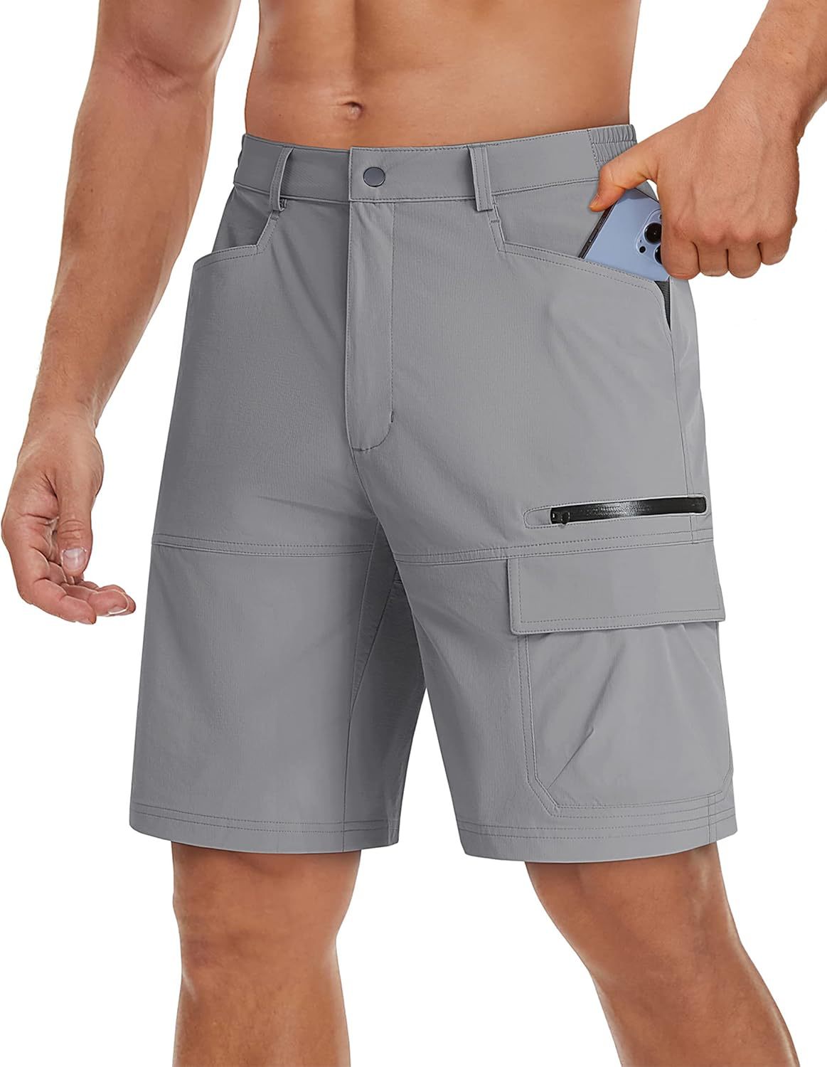 Gray cargo shorts worn by a person on a white background