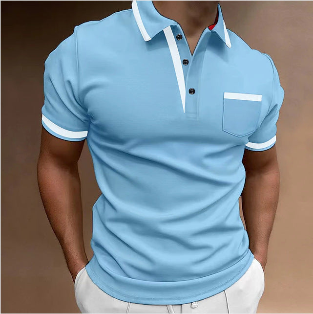 Light blue polo shirt with white accents on a brown background