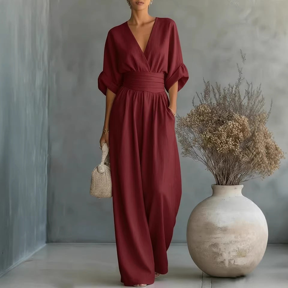 V Neck Wide Leg Jumpsuit – Short Sleeve Elegant Summer Casual Women Outfit
