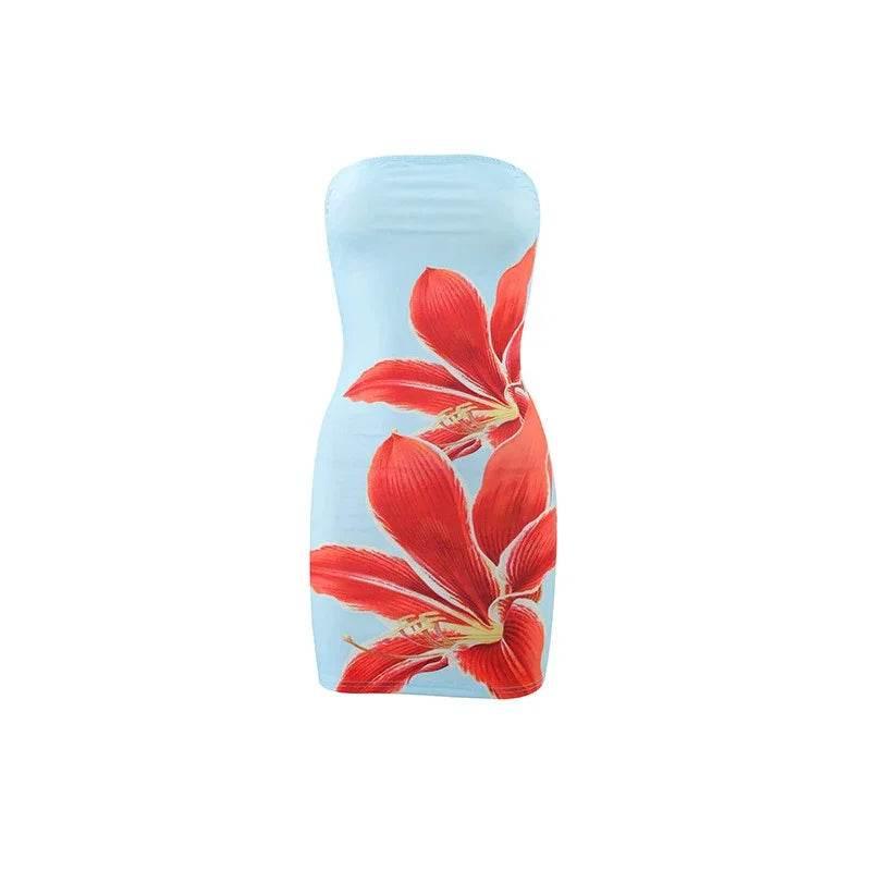 Women’s Tube Top Floral Print Slim Sheath Short Dress – Backless Mini - ZA-Zola
