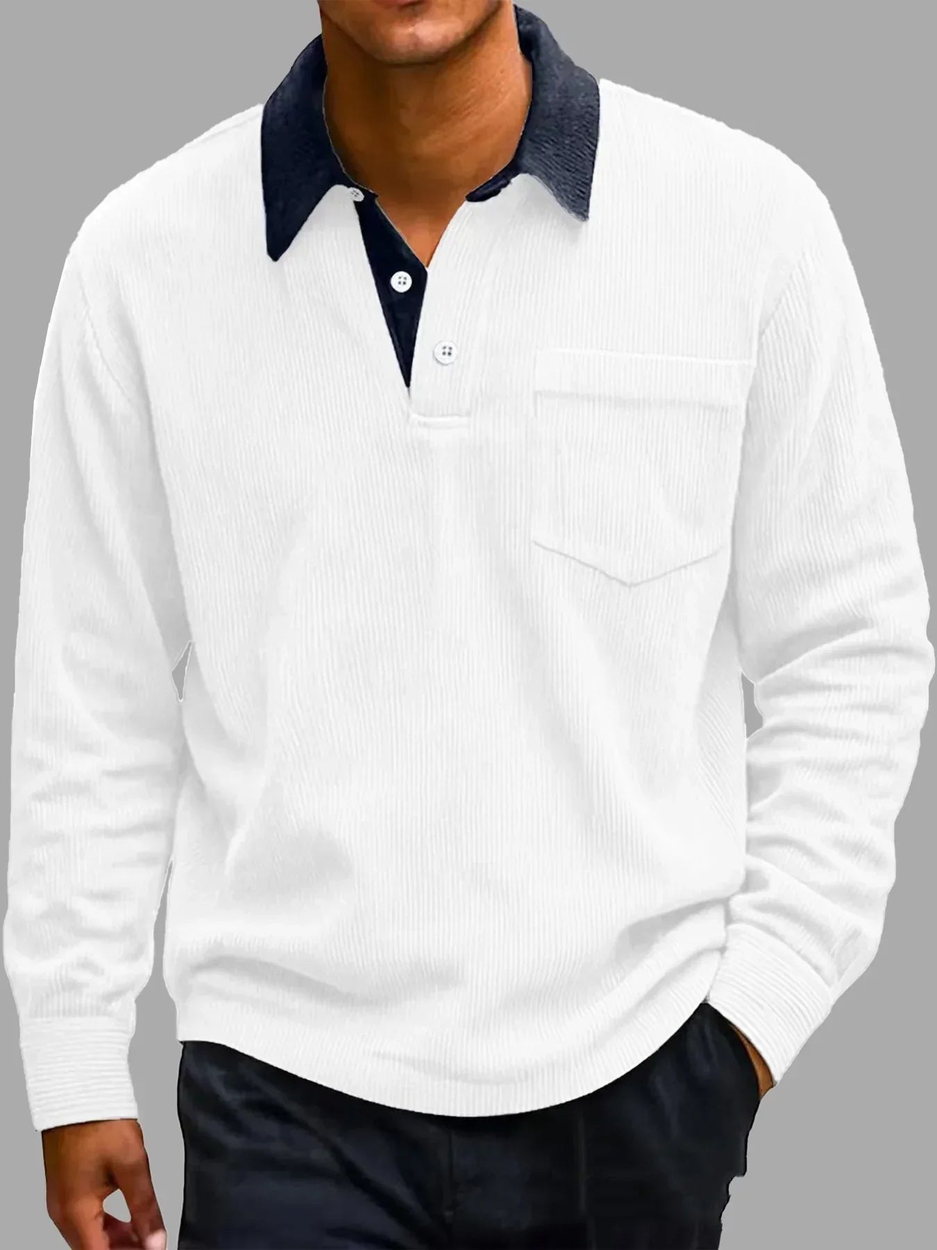 White long-sleeve shirt with navy collar and trim on a gray background