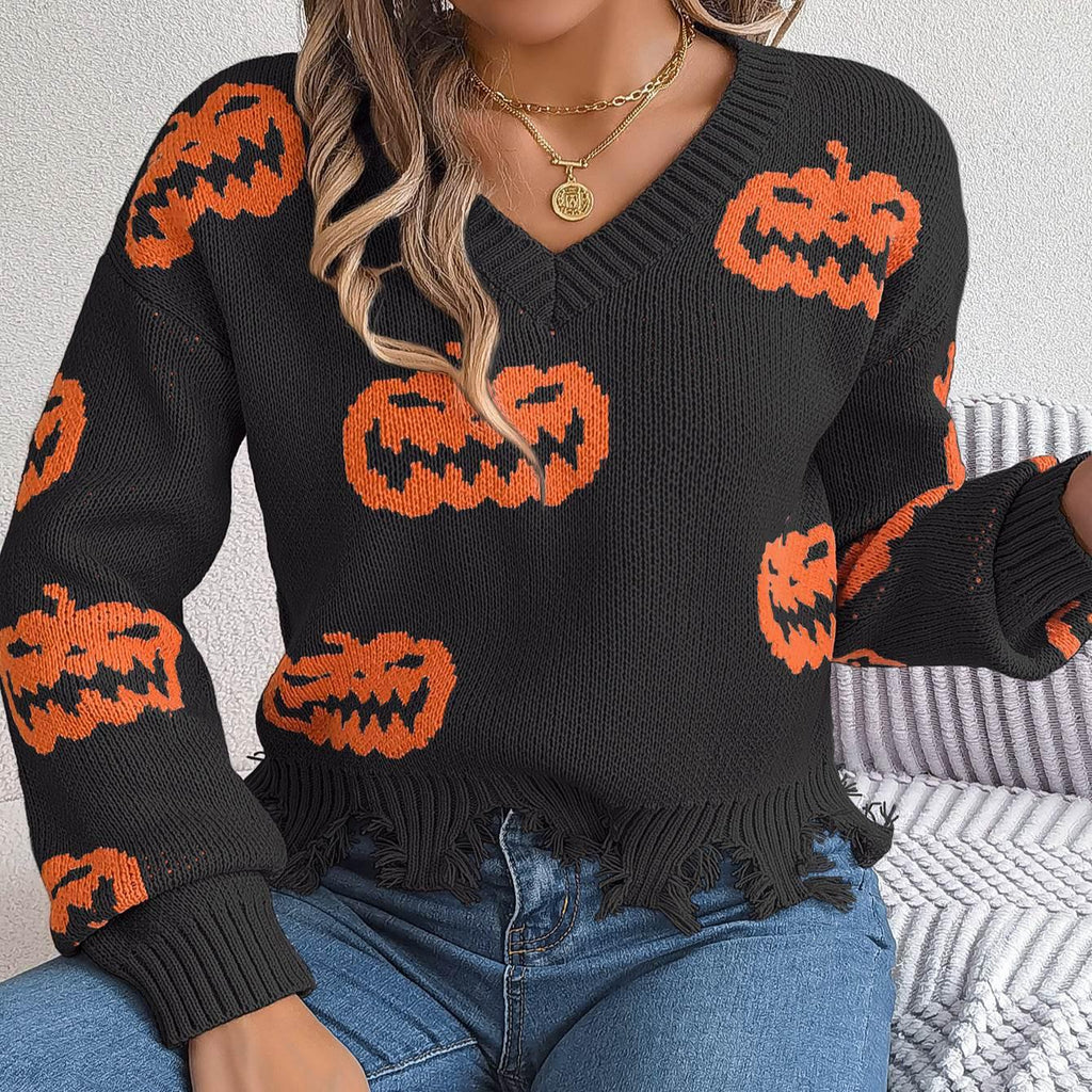ZA-Zola Halloween Pumpkin Cut Long Sleeve Sweater - ZA-Zola