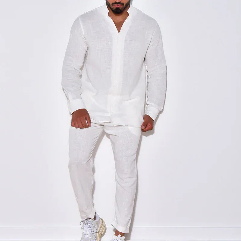 Men Linen Lounge Suit Long Sleeve Shirt & Trousers - ZA-Zola