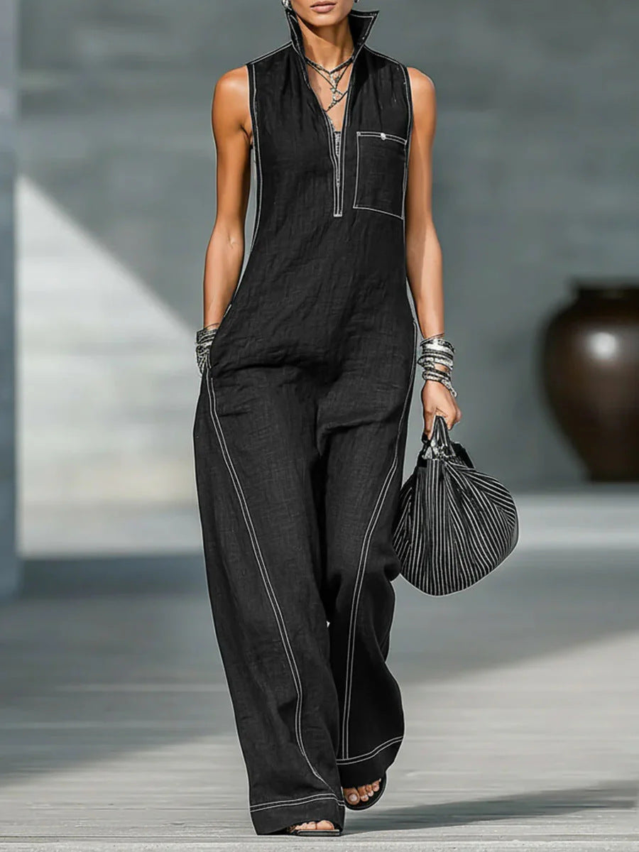 Stand-Up Collar Jumpsuit With Pockets – Casual Sleeveless Wide Leg Summer Women Outfit
