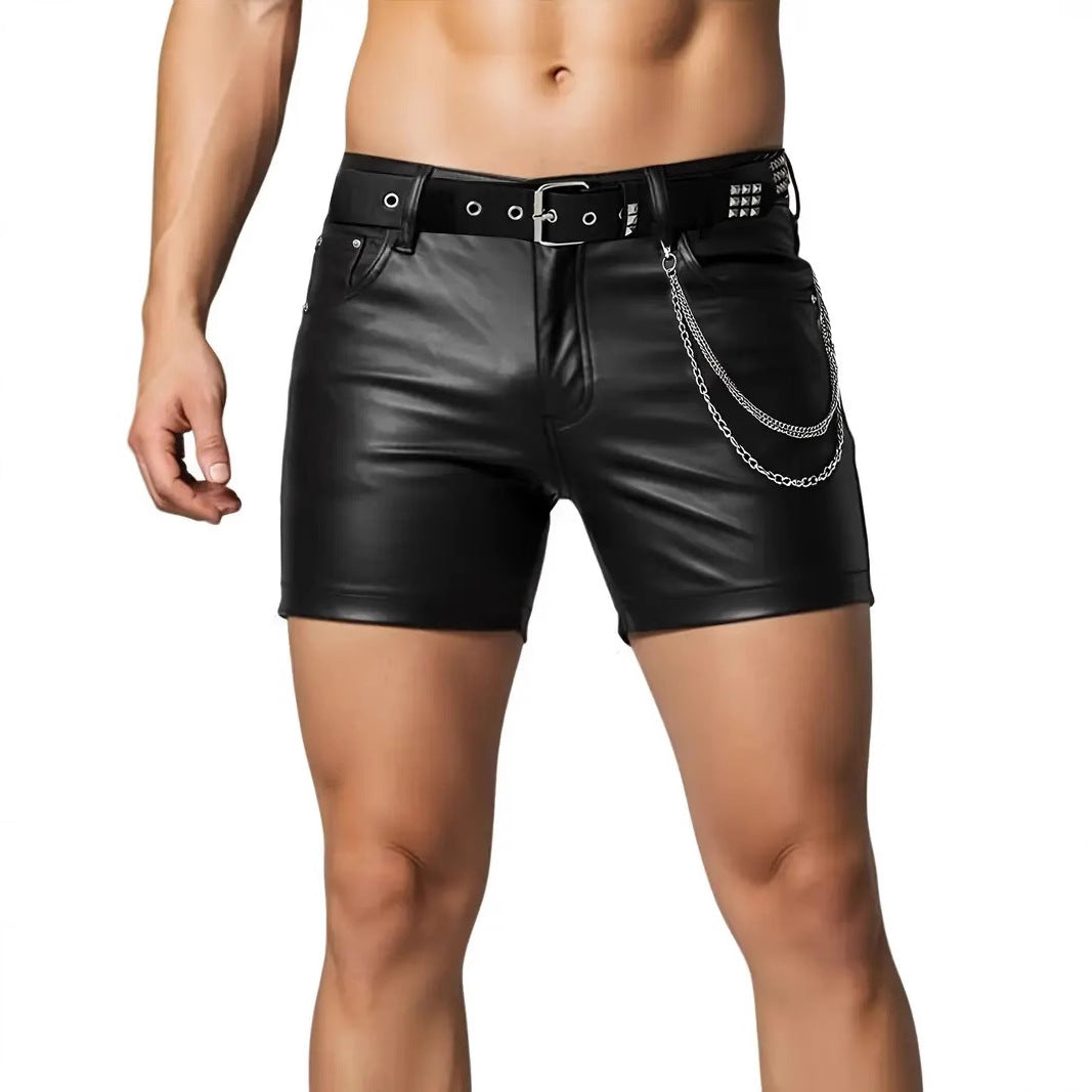 Black leather shorts with a chain detail on a white background