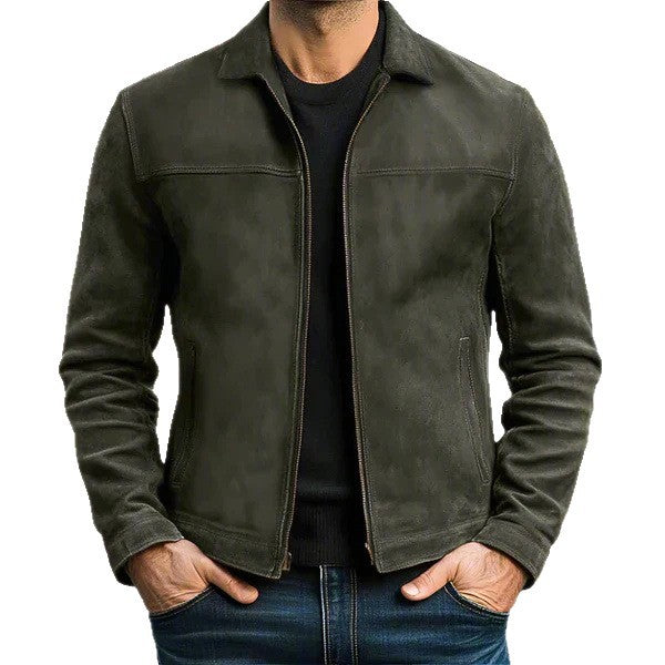 Green leather jacket worn by a person on a white background
