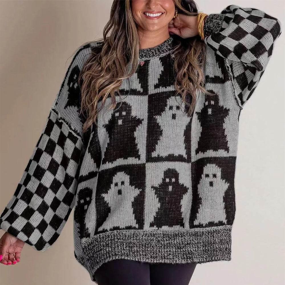 ZA-Zola Halloween Ghost Checkerboard Pullover Sweater - ZA-Zola
