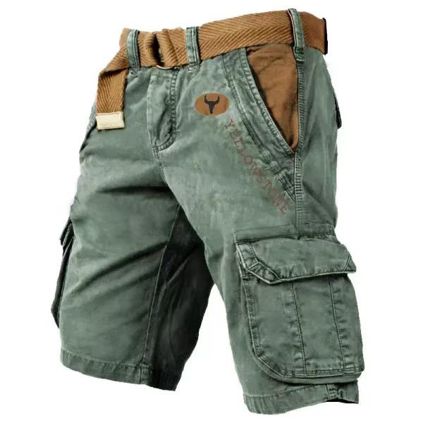 Green cargo shorts with a brown belt on a white background