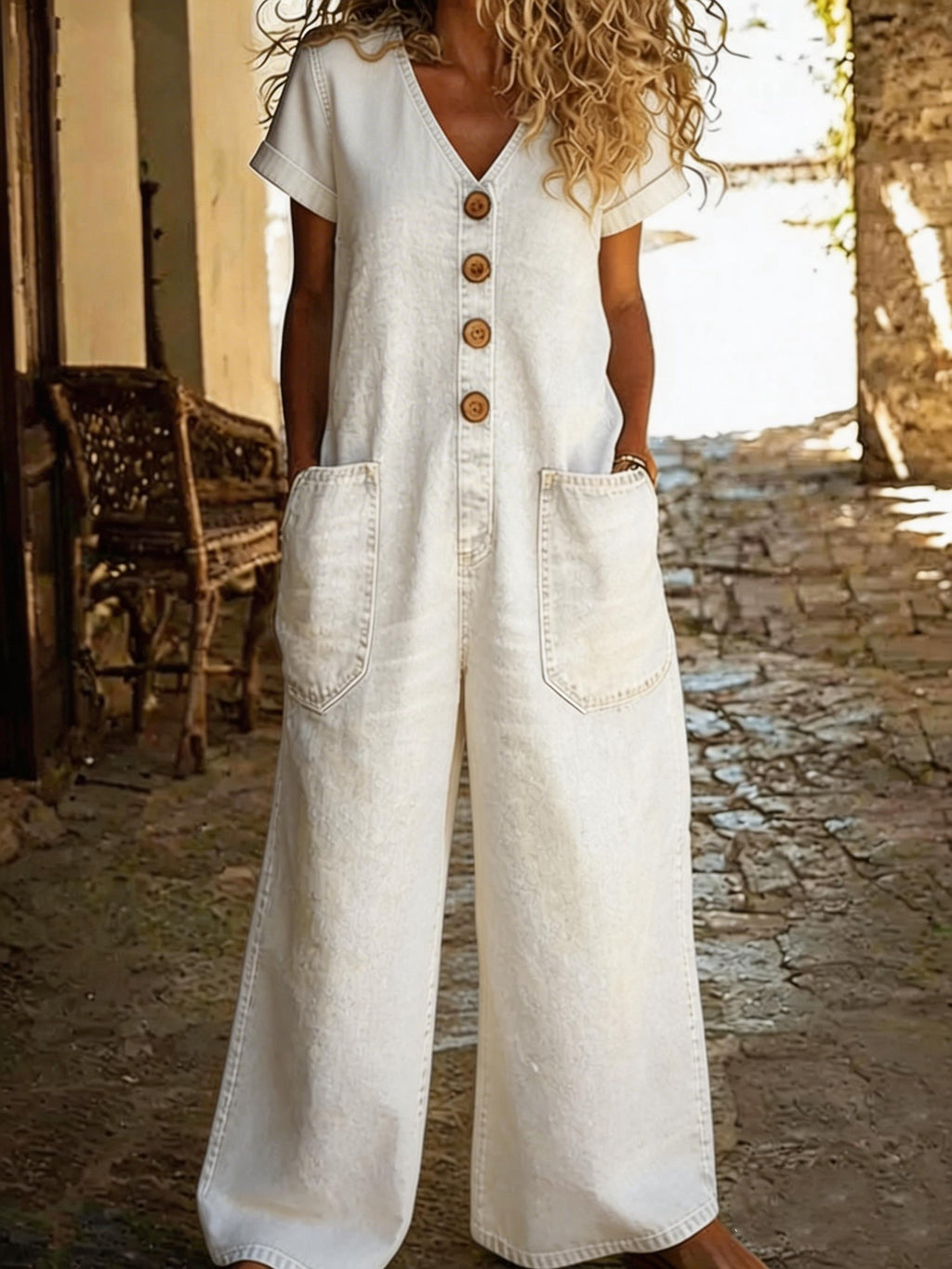 Woman wearing a white jumpsuit with brown buttons in a sunlit outdoor setting.