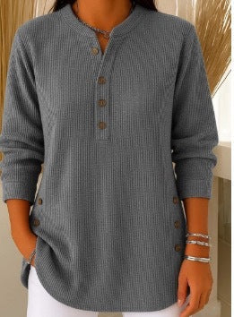 V-Neck Button Sweater Top | Women's Long-Sleeved Blouse