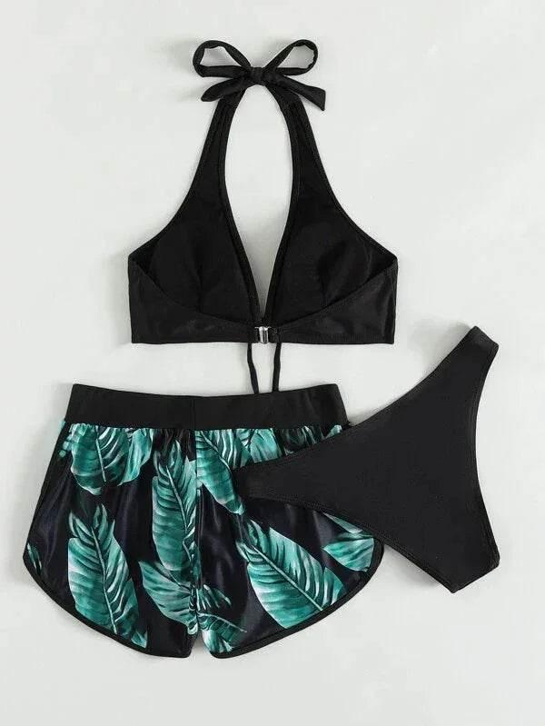 3pcs Leaf Print Bikini with Shorts - Stylish Summer Swimwear - ZA-Zola