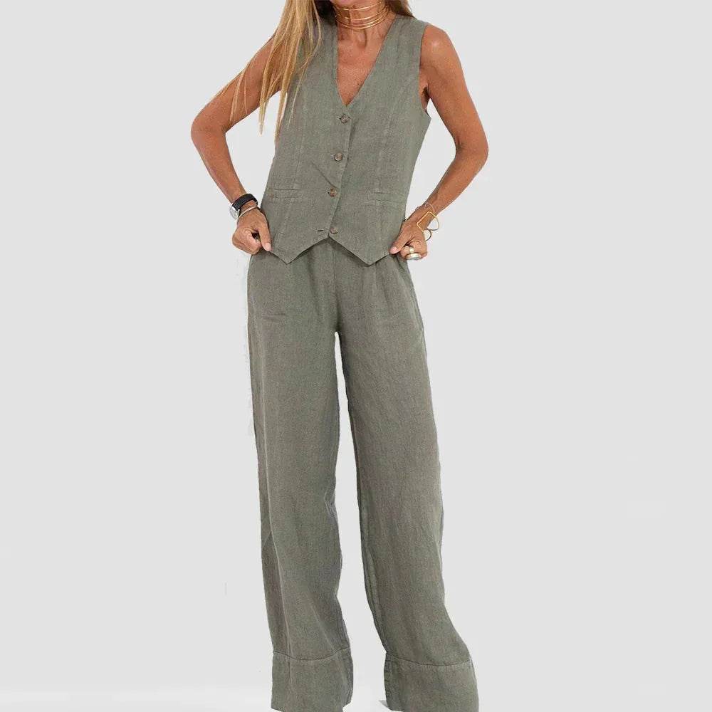 Woman wearing trendy olive green vest and wide-leg pants set from ZA-Zola fashion