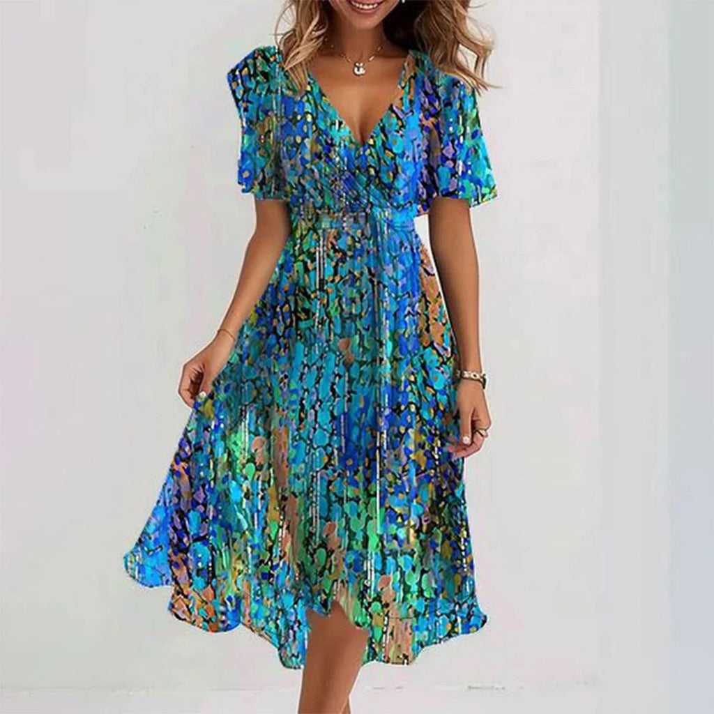 Chiffon Printed Short Sleeve V-Neck Summer Dress Elegant Women’s Midi Dress