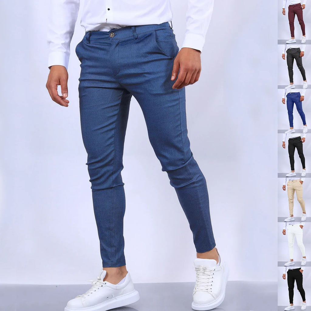Person wearing blue pants with a white shirt and white sneakers on a white background, with inset images of different colored pants.