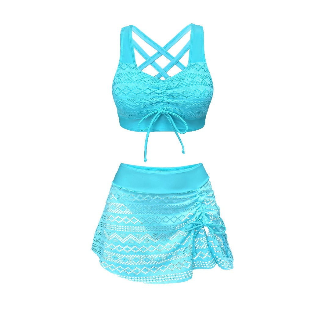Blue lace bikini set on a white background