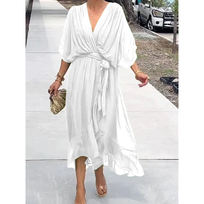 Batwing Sleeve V Neck Irregular Summer Dress Women Pure Color Tied Long Flowing Elegant Casual Womens Clothing