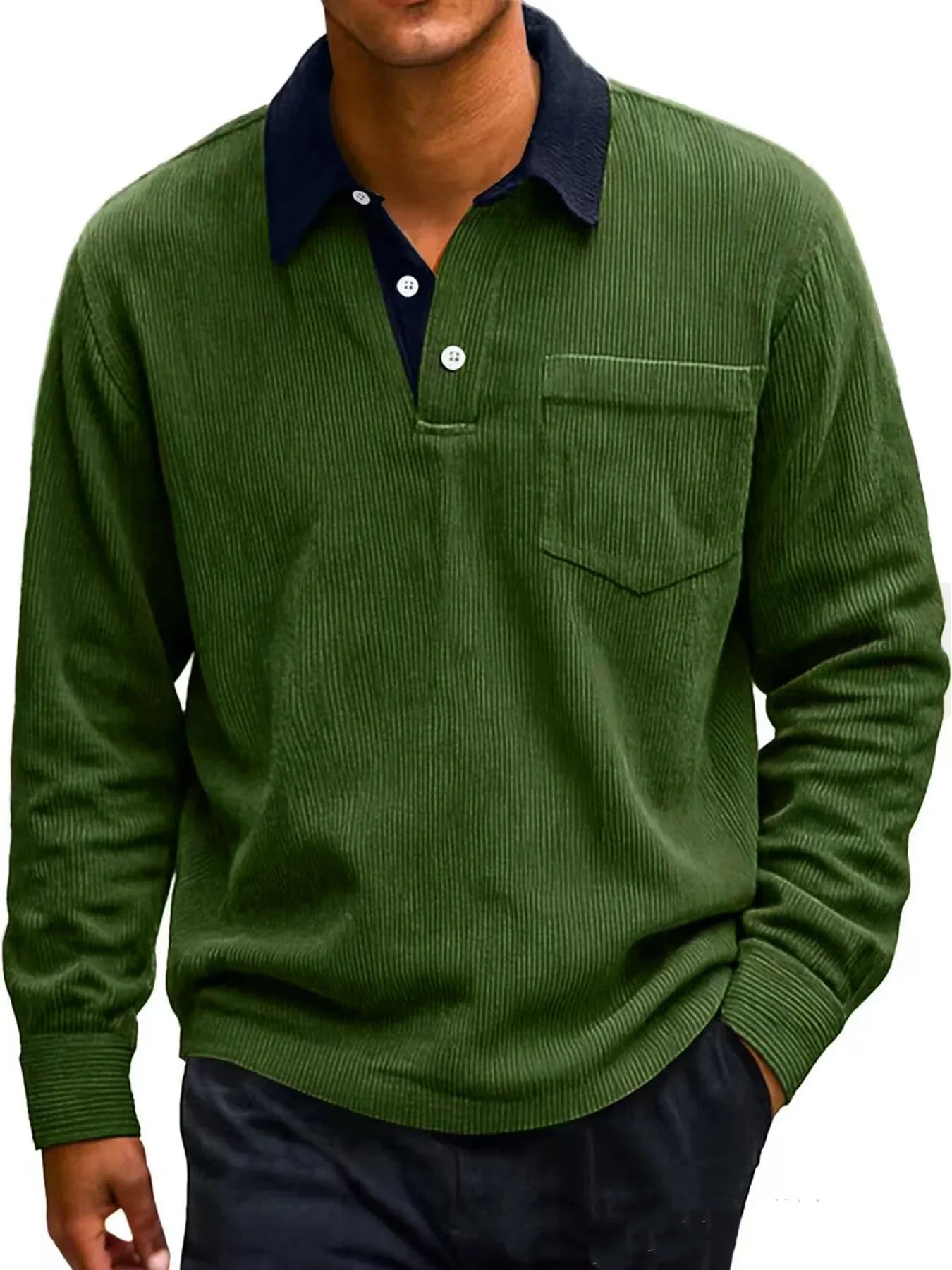 Green corduroy shirt with a pocket on a white background