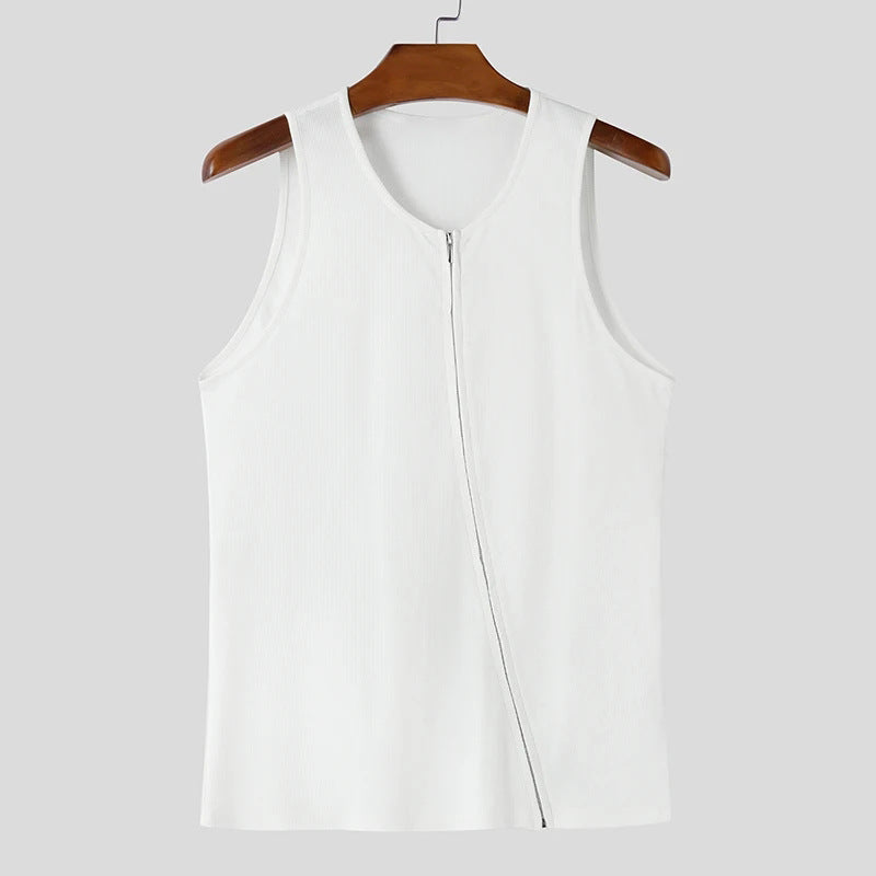 White sleeveless top on a wooden hanger against a white background