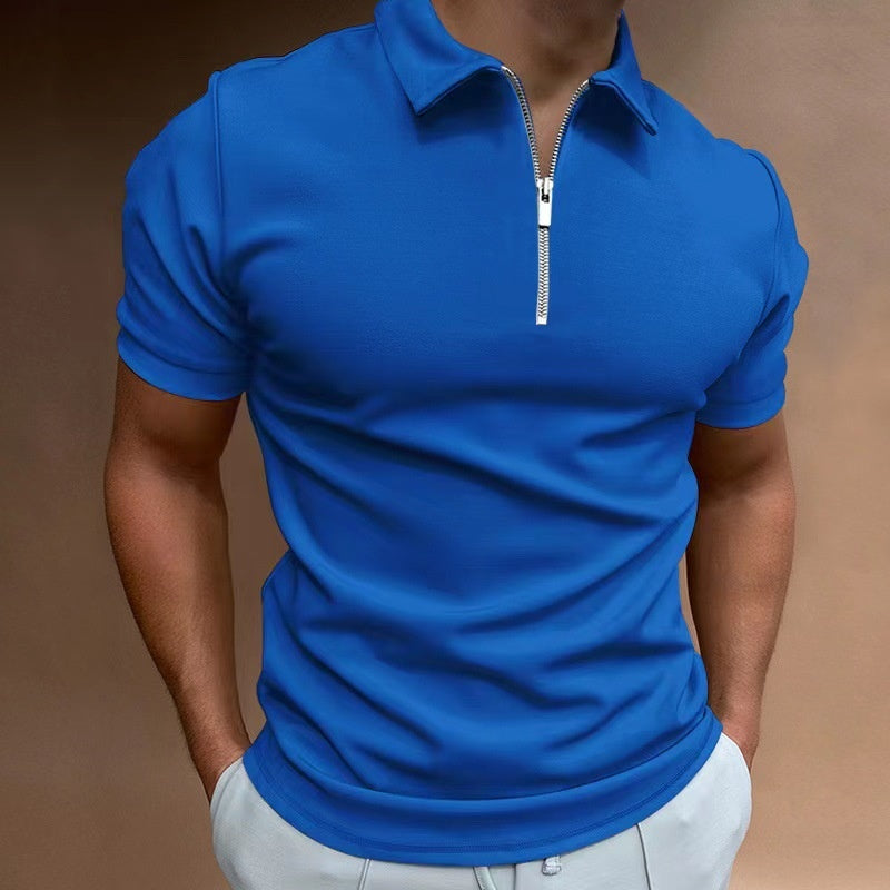 Blue short-sleeve zip-up shirt worn by a person on a brown background
