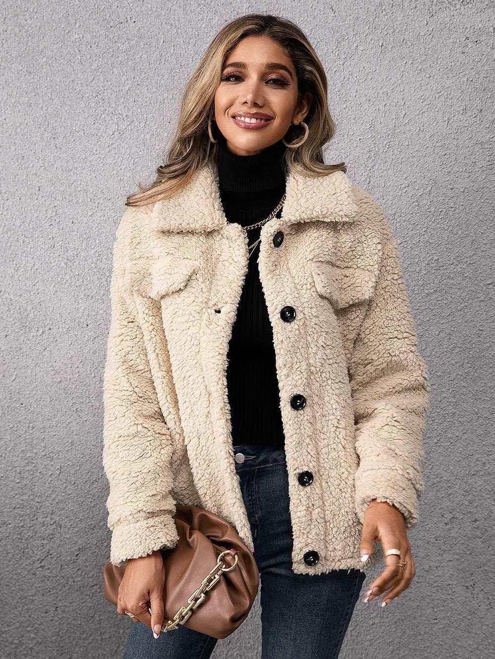 Lapel Single-Breasted Fleece Coat – Women’s Winter Jacket - ZA-Zola
