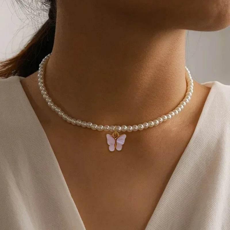 Elegant Pearl Choker with Butterfly Pendant - ZA-Zola
