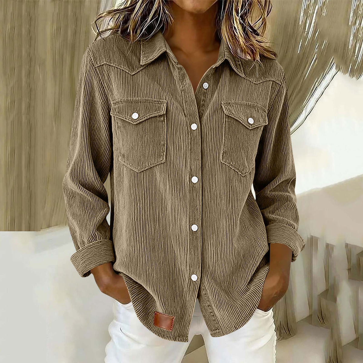 A woman wearing a dark gray corduroy button-up shirt with two chest pockets and white pants, standing in an indoor setting with a neutral background.