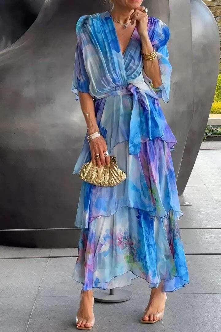 Layered Chiffon Printed Long Dress – Blue - ZA-Zola