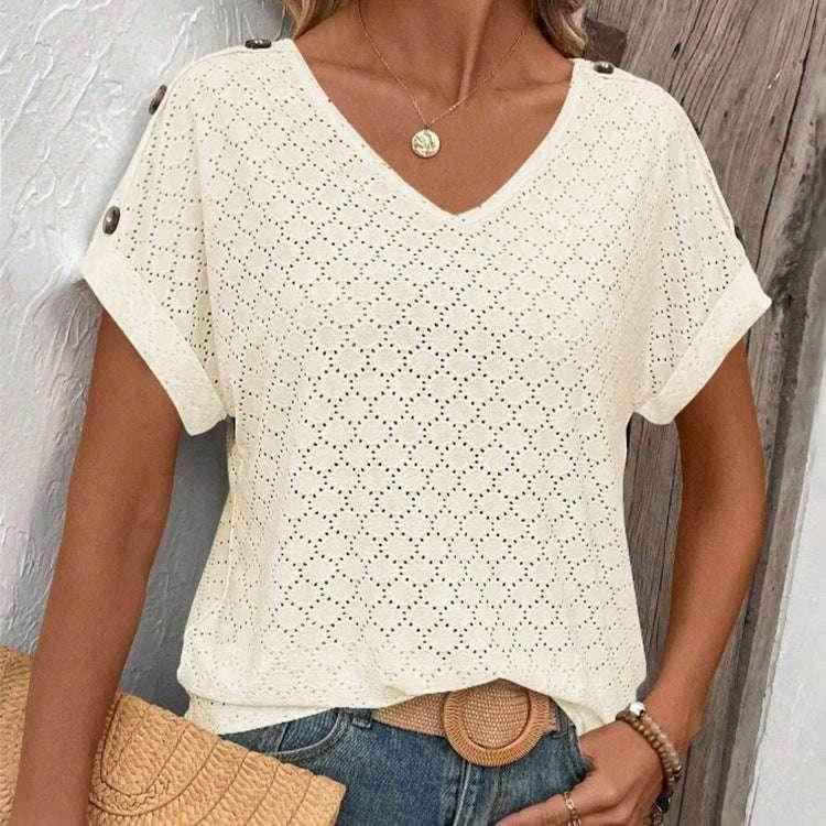 Button Jacquard Loose Summer T-Shirt for Women - ZA-Zola