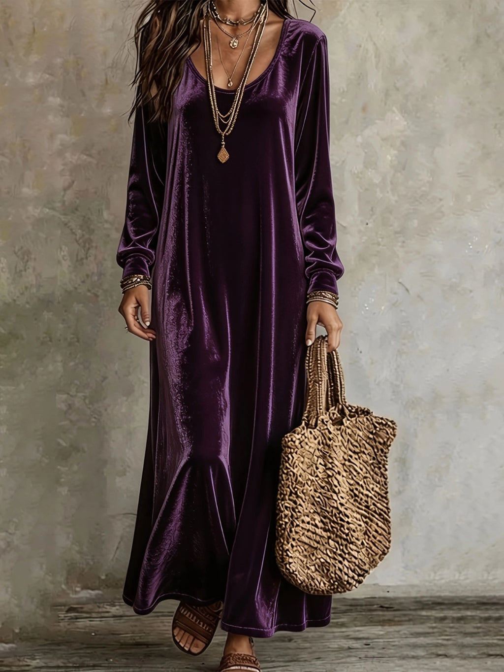 A woman wearing a long-sleeved, deep purple velvet maxi dress, accessorized with layered gold necklaces and bracelets, holding a woven straw tote bag against a textured gray wall.