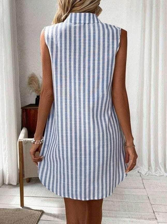 Striped V-Neck Sleeveless Shirt Dress – Cotton - ZA-Zola