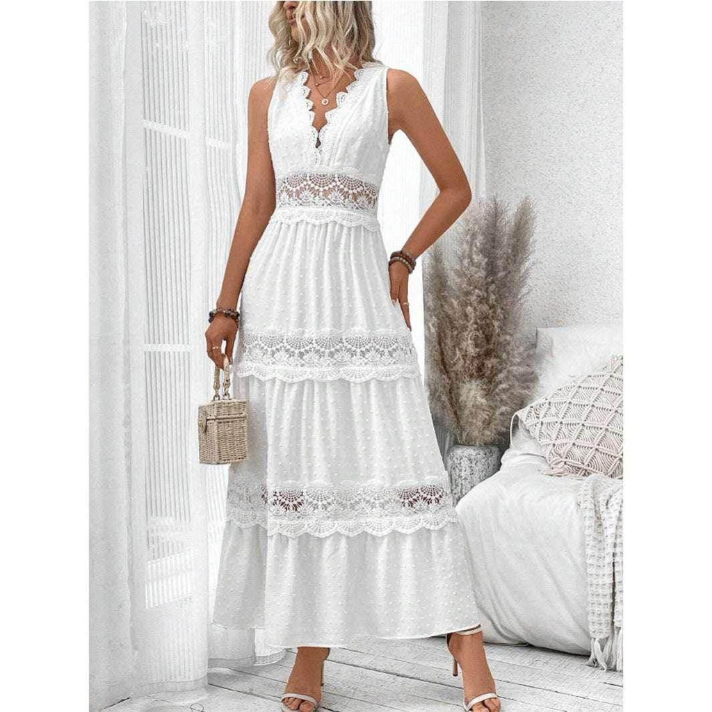 Lace V-Neck Sleeveless Long Summer Dress – White - ZA-Zola