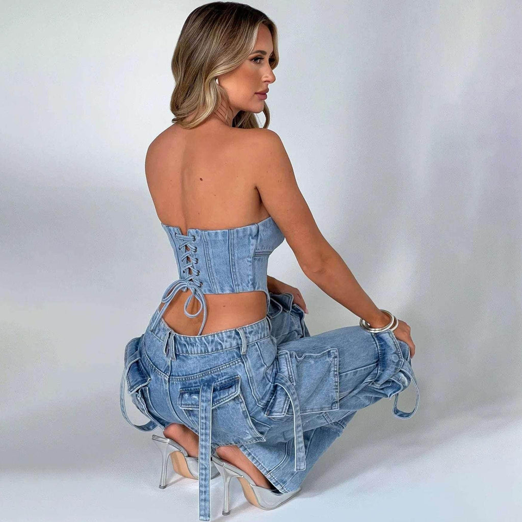 Low Waist Tube Top & Pocket Jeans Suit – Trendy Fit - ZA-Zola