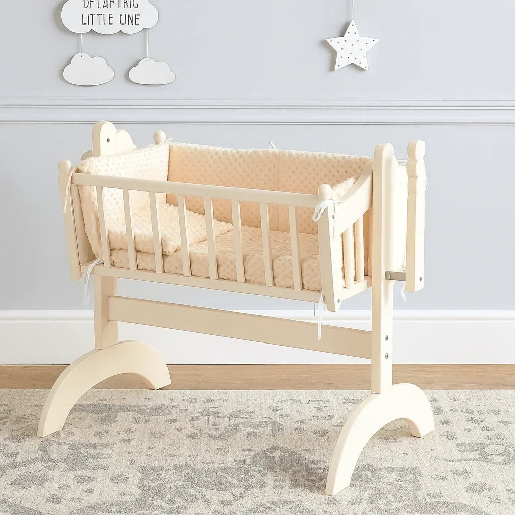 Cream dimple crib and cradle quilt bumper bedding set in wooden baby cradle