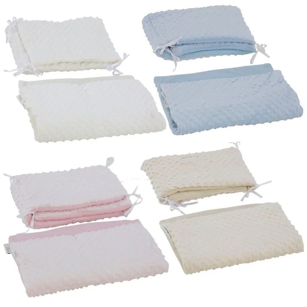 Soft dimple crib bumper bedding sets in white, blue, and pink for baby nursery