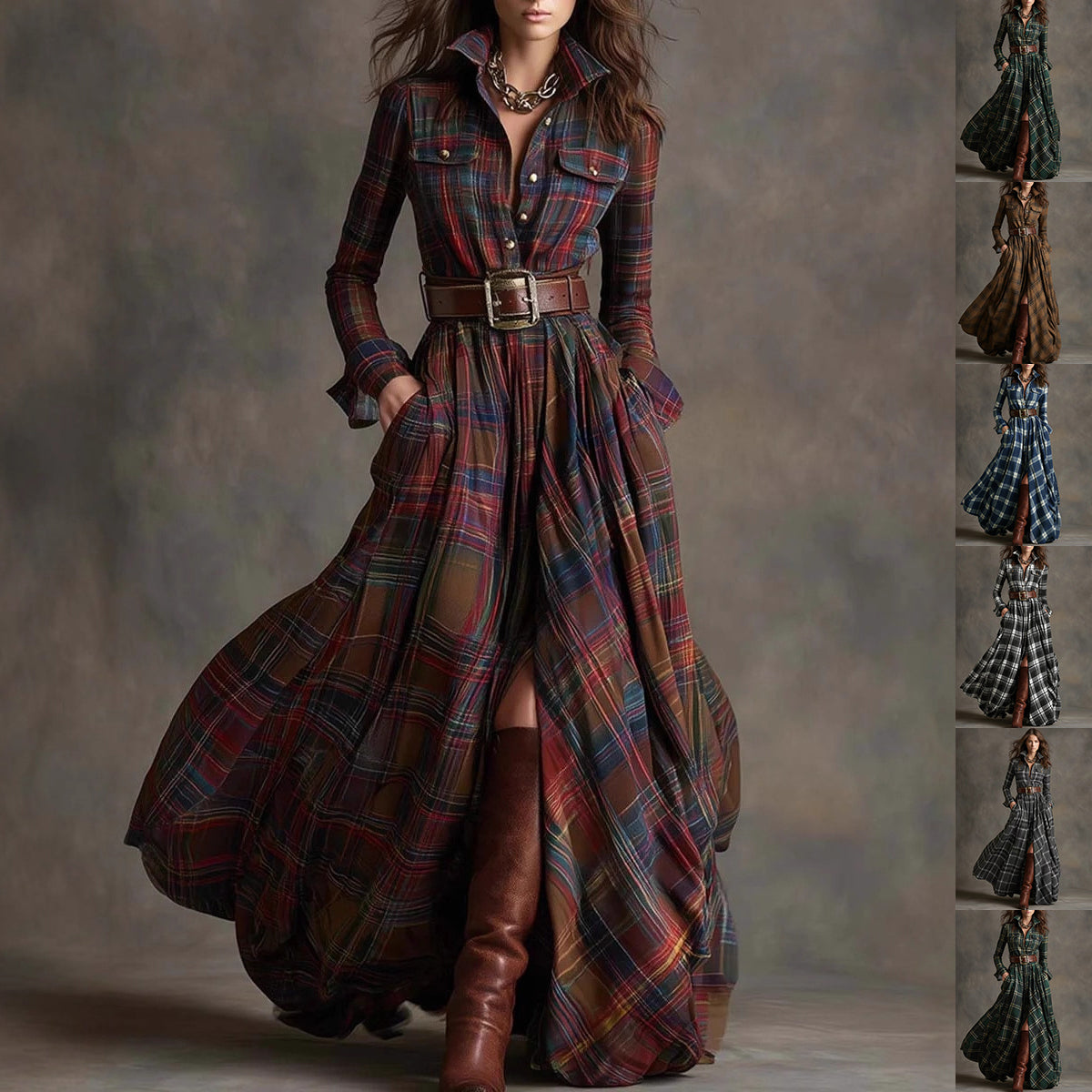A woman models a long-sleeve plaid maxi shirt dress with a matching belt, standing against a textured gray studio backdrop. The dress features a multicolor tartan pattern with prominent red, blue, green, and brown tones.