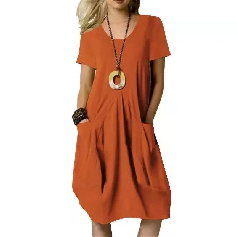 Loose Cotton Linen Round Neck Swing Dress - ZA-Zola